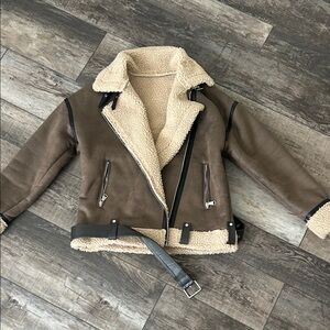 Cider Brown Moto Jacket with Cream Shearling Trim